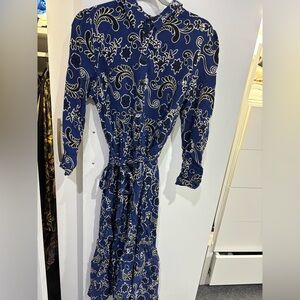 Elegant Blue Floral Women's Dress button down with tie zara